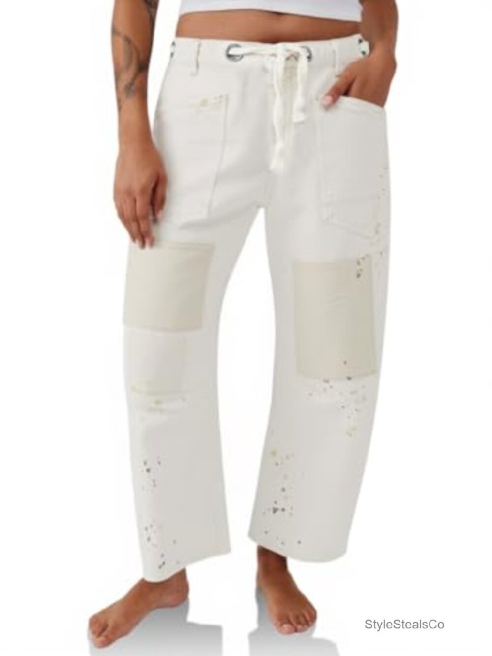 Women's Barrel Horseshoe Jeans Wide Leg Patchwork Low Rise Denim Pants Pockets